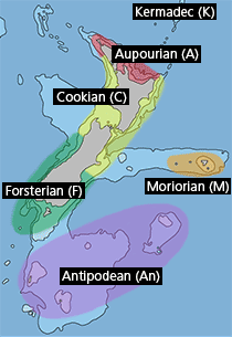 NZ Map showing Geographical Ranges